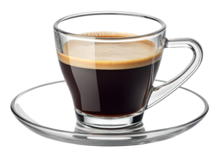 Glass espresso cup with saucer, ideal for serving hot espresso or coffee. The clear design and sleek handle add a modern touch to your coffee experience. Isolated on transparent background, png.