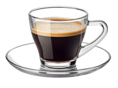 Glass espresso cup with saucer, ideal for serving hot espresso or coffee. The clear design and sleek handle add a modern touch to your coffee experience. Isolated on transparent background, png.