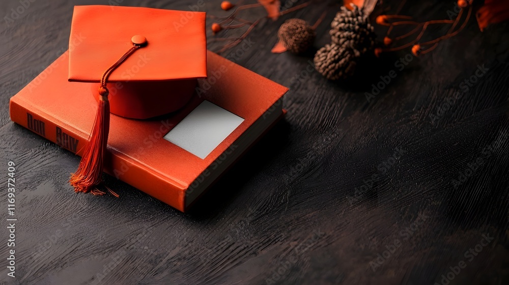 Poster graduation cap resting on an open book with empty space in the middle for text or design elements sy