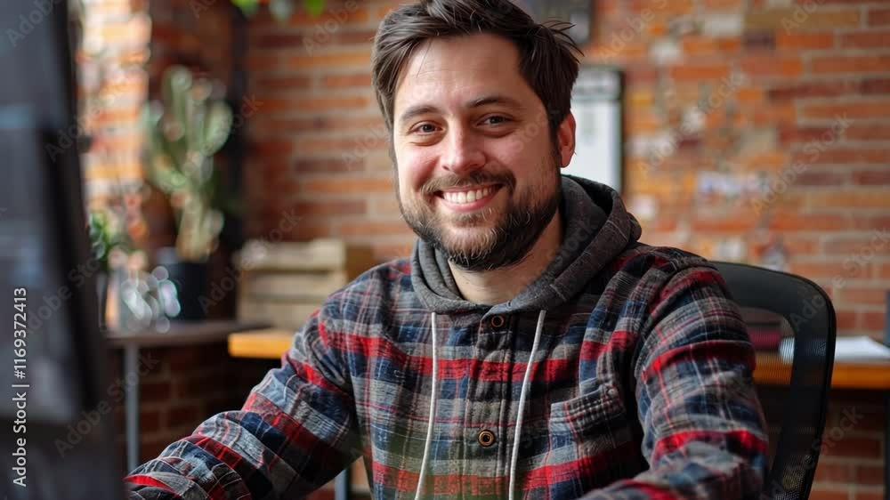 Poster Man with a friendly smile sits at a desk in a warm, inviting workspace. Sunlight filters through large windows, showcasing plants and rustic brick walls.