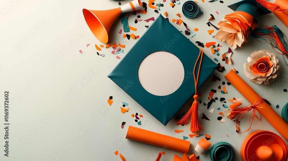 Poster graduation cap with colorful confetti and empty space for copy or text overlay