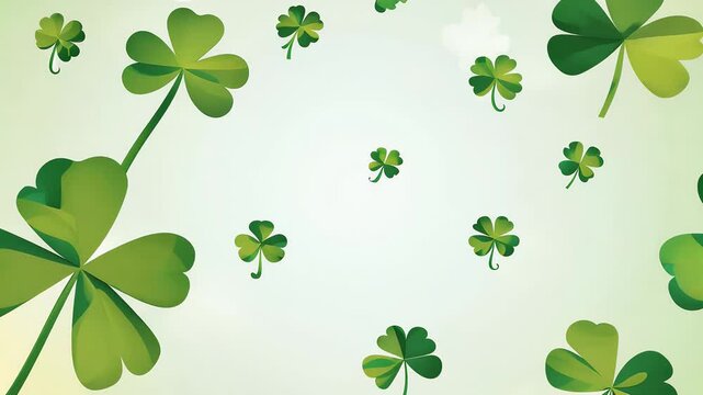 Bright green clover leaves fall gracefully cheerful backdrop celebrating Saint Patrick&rsquo;s Day vibrant festive 4K animated sequence