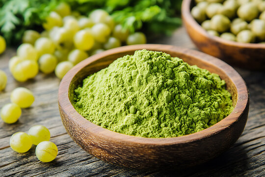 side view Fresh Amla Powder and Raw Avla on Rustic Wooden Table