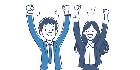 Simple line drawing of two people cheering, one in a blue suit with a white shirt and tie, and the other in a business dress 