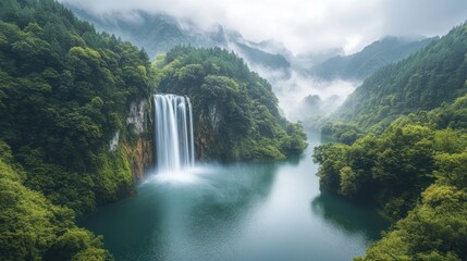 Misty waterfall cascading into serene lake surrounded by lush green mountains.