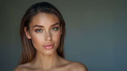 High fashion cover model. Flawless, radiant skin. Full lips. Skin care and cosmetics. Long brown hair. Looking directly at camera. Copy space.