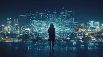 A woman observes a holographic cityscape overlayed with digital data. This image depicts urban planning, data analysis, and smart city technologies.