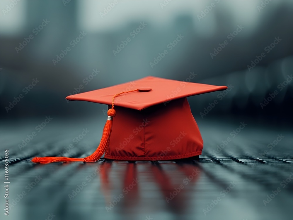 Aufkleber graduation cap resting on plain surface with empty copy space in the center symbolizing the academic