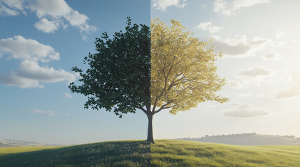 Fototapeta premium Tree with a green side and a dry side