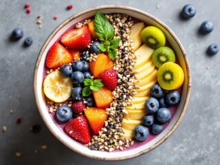 A vibrant smoothie bowl adorned with fresh fruits and nutrient-rich seeds, celebrating healthy eating, nutrition, and a plant-based lifestyle