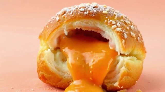 Mango cronut with orange filling bursting silkily, revealing flaky pastry against a vibrant pastel orange background