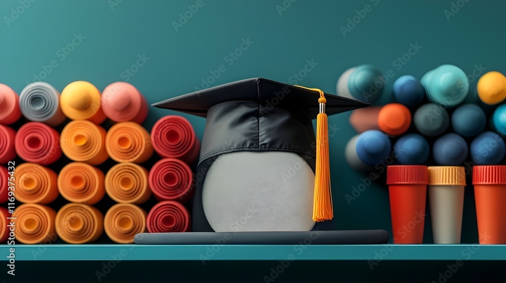 Aufkleber graduation cap placed elegantly on a shelf with ample empty space in the background symbolizing the 