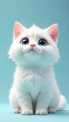 Obraz premium Adorable white kitten sitting and looking up with big blue eyes on light blue background