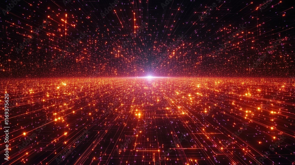 Poster abstract fiery grid landscape with glowing particles. ideal for sci-fi backgrounds, digital art, or 