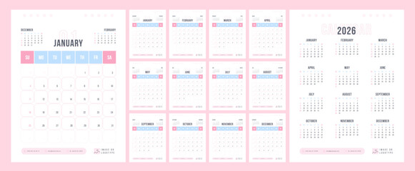 Calendar 2026, Businesswoman Calendar 2026 Sunday Start Pastel Minimal Design Template Vector, Girlish Professional Calendar for 2026 year with 12 Monthly Pages.