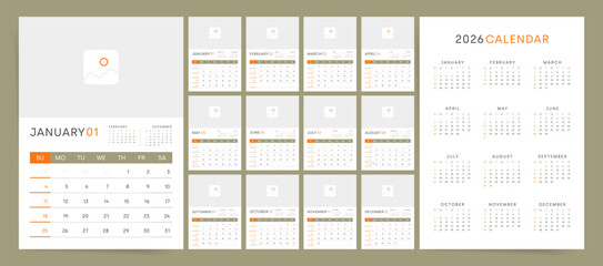 Calendar 2026, Calendar 2026 Sunday Start Professional Clean Design Template Vector, 12 Professional Calendar Pages for whole 2026 year with Logo and Image Integration.