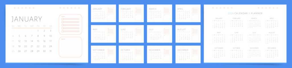 Calendar 2026, Calendar 2026 Sunday Start Planner Minimal Design Template Vector. 2026 Calendar Template with Space for Notes and To-Do List