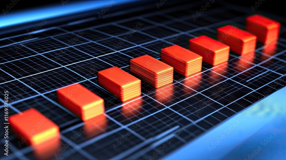 Poster red blocks arranged in ascending order on a dark grid. symbolizes growth progress and upward trend. 