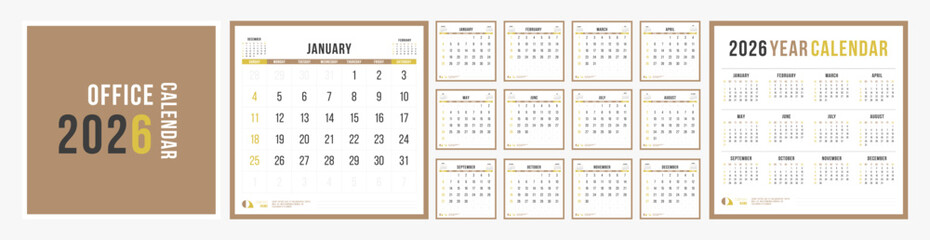 Office Calendar 2026, Calendar 2026 Office Yearly Planner Minimalist Square Set Design Template Vector