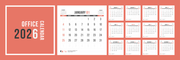 Classic Calendar 2026, Square Calendar 2026 Office Yearly Planner Bold Minimal Design Template Vector