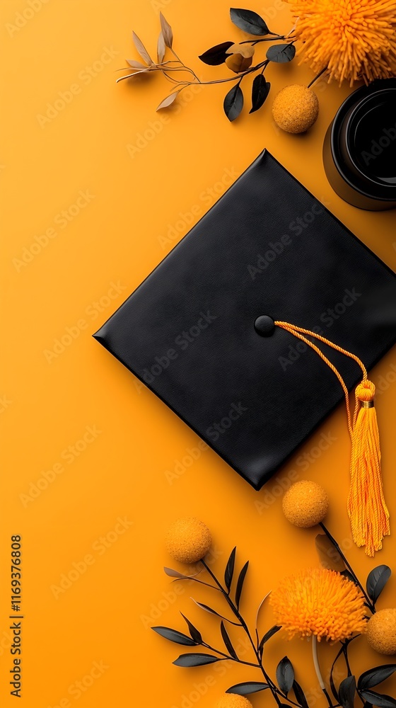 Aufkleber a close up top down perspective of a yellow graduation cap or mortarboard with a tassel against a pl