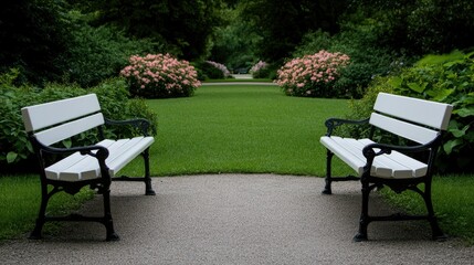 Two white benches sit in a tranquil park, each adorned with a black bag, creating a serene atmosphere among lush greenery.