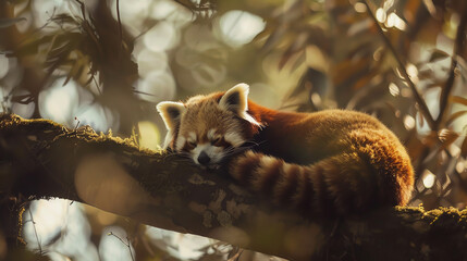 A red panda rests on a tree branch
