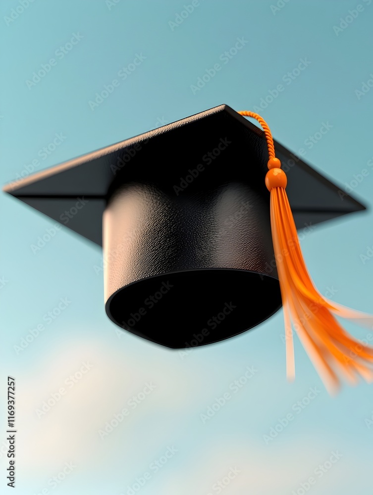 Poster graduation cap floating and swept up in the breeze with empty space to the right for copyspace or ov