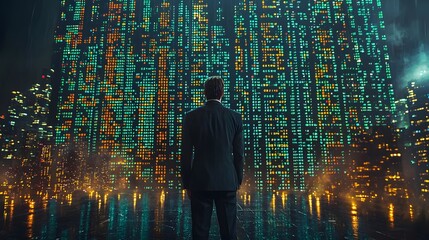 Businessman Facing Volatile Digital Market Screen with Fluctuating Financial Data
