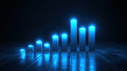 Blue neon glowing bar graph on a dark wooden floor. Ideal for financial reports, market analysis presentations, and technology-themed visuals.