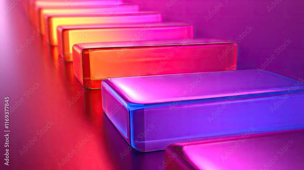 Poster vivid neon gradient blocks form a colorful path. ideal for backgrounds, presentations, or digital ar