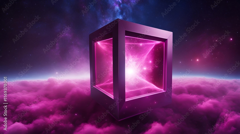 Poster mystical purple cube floating in cosmic cloudscape with starry background
