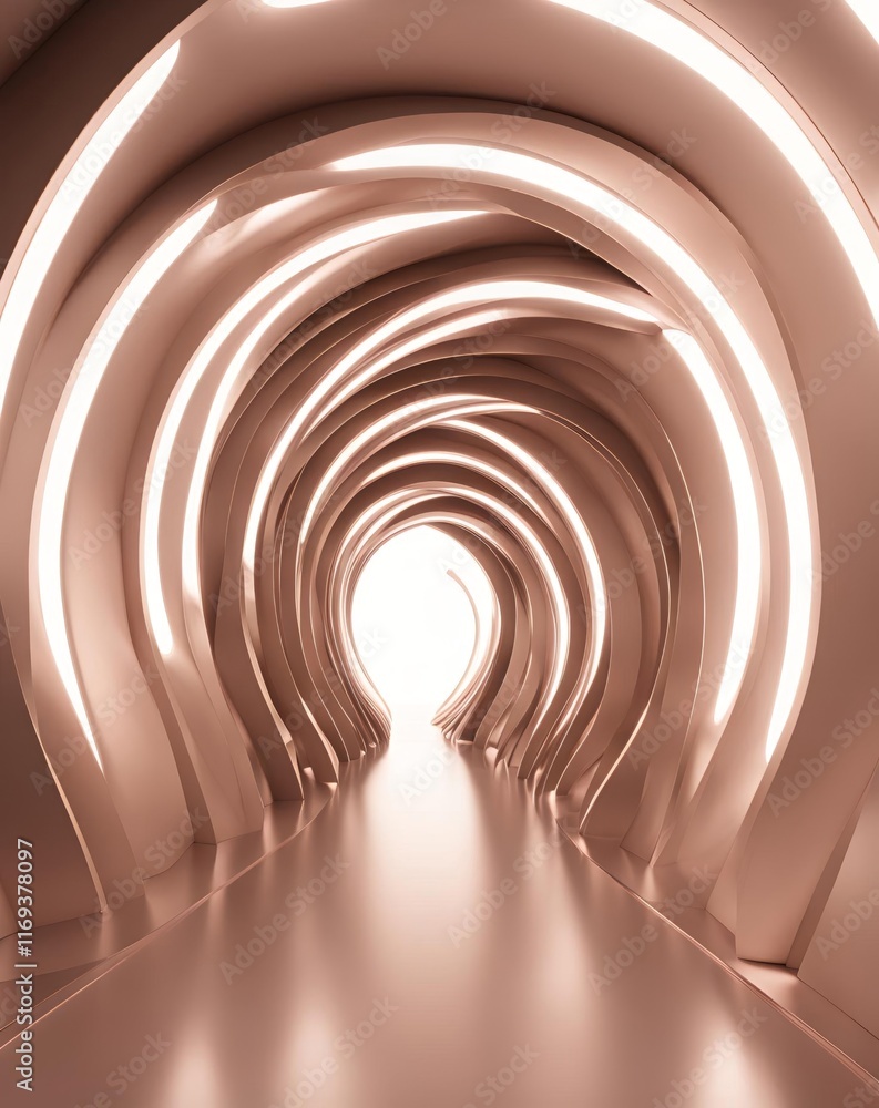 Poster futuristic sci-fi tunnel with glowing light patterns and curved metallic walls
