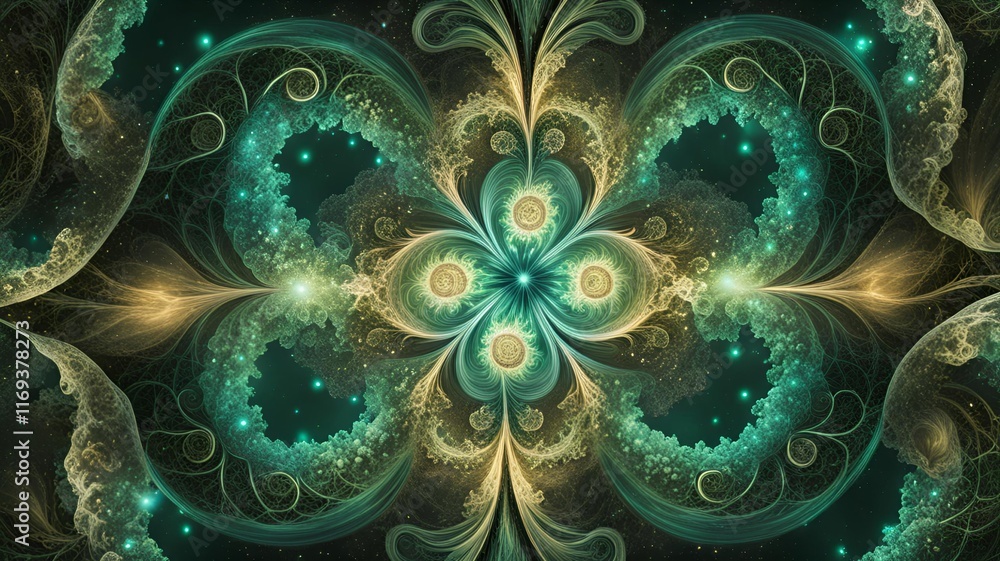 Poster intricate fractal design with luminous swirls and cosmic patterns