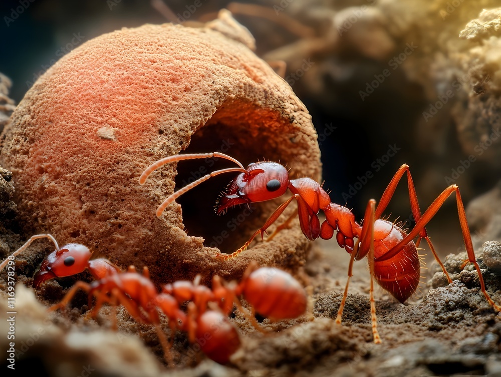 Poster close up details of a hive of industrious ants working in perfect coordination to build an intricate