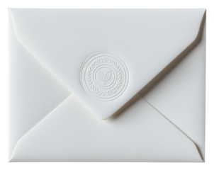 PNG A white envelope with a circular embossed seal, featuring a classic design.