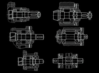 Shaft or screw of reducer, gearbox, engine. Engineering mechanical drawing of steel device. Industrial cad scheme on paper sheet. Technology background of machine building industry.  Machined template
