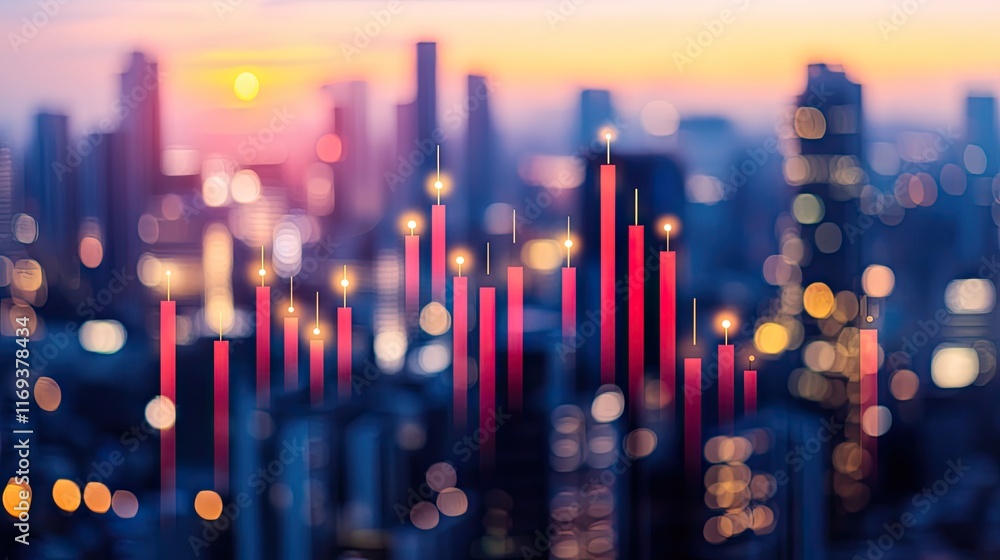 Poster a dynamic cityscape backdrop with a translucent bar graph overlaid suggesting growth trends. ideal f