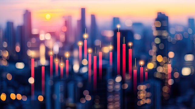 A dynamic cityscape backdrop with a translucent bar graph overlaid suggesting growth trends. Ideal for visualizing financial data or business reports.