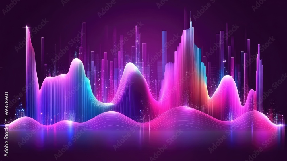 Aufkleber vivid neon cityscape visualization with dynamic wave patterns. ideal for tech presentations, music v