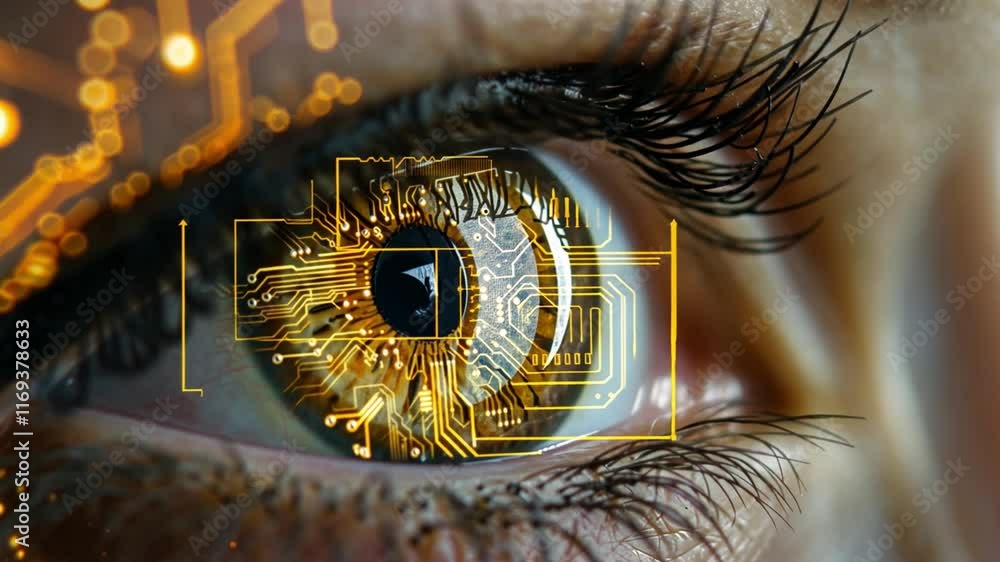 Poster a close-up view captures a human eye infused with intricate circuit patterns, symbolizing the blend 