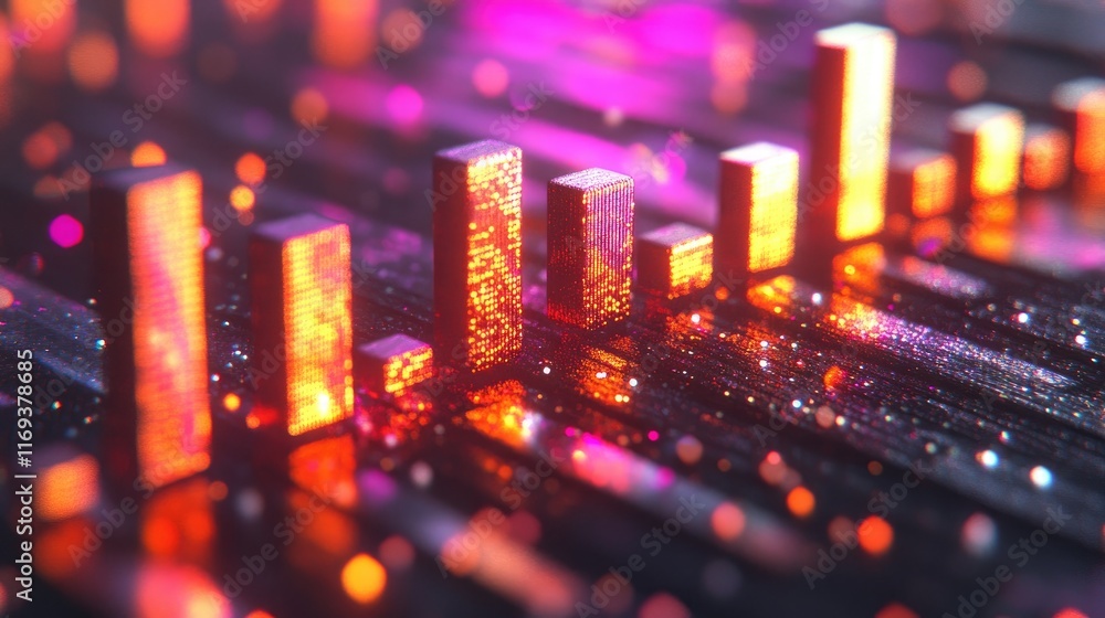 Aufkleber abstract glowing cityscape at night. futuristic neon architecture with digital grids. perfect for te
