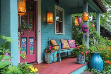 Colorful porch, painted decor, blooming flowers.