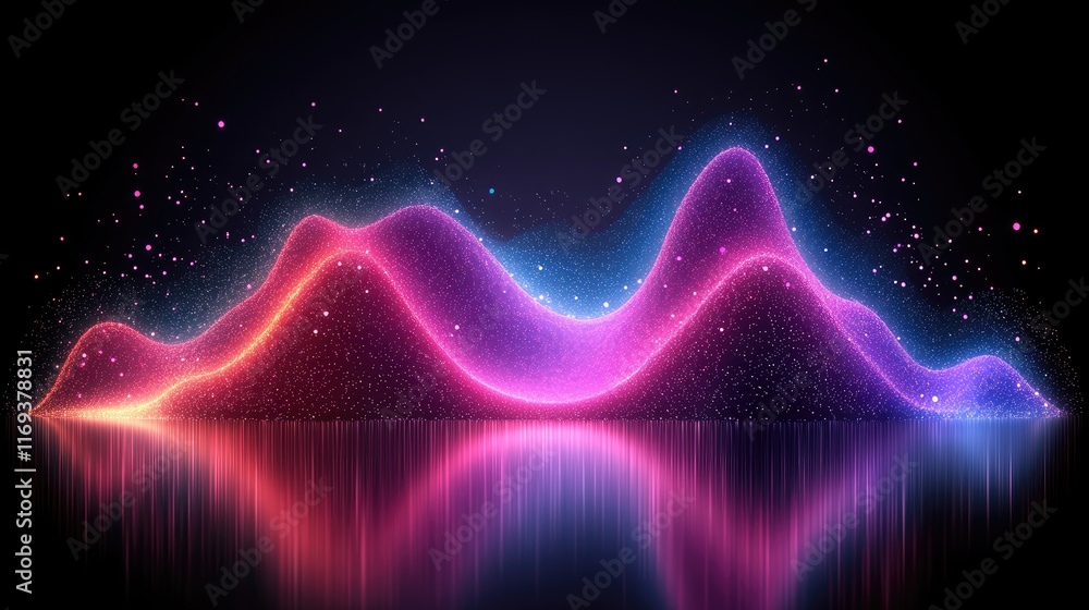 Aufkleber a vibrant wave of colorful particles flows with a mirrored reflection. ideal for music visualization
