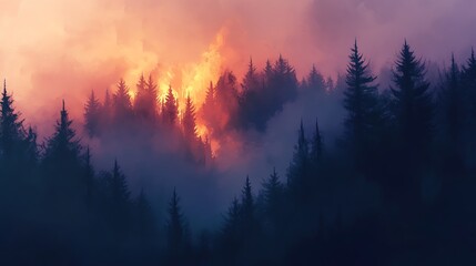 Fototapeta premium A dramatic forest fire engulfing trees, creating vivid smoke and flames.