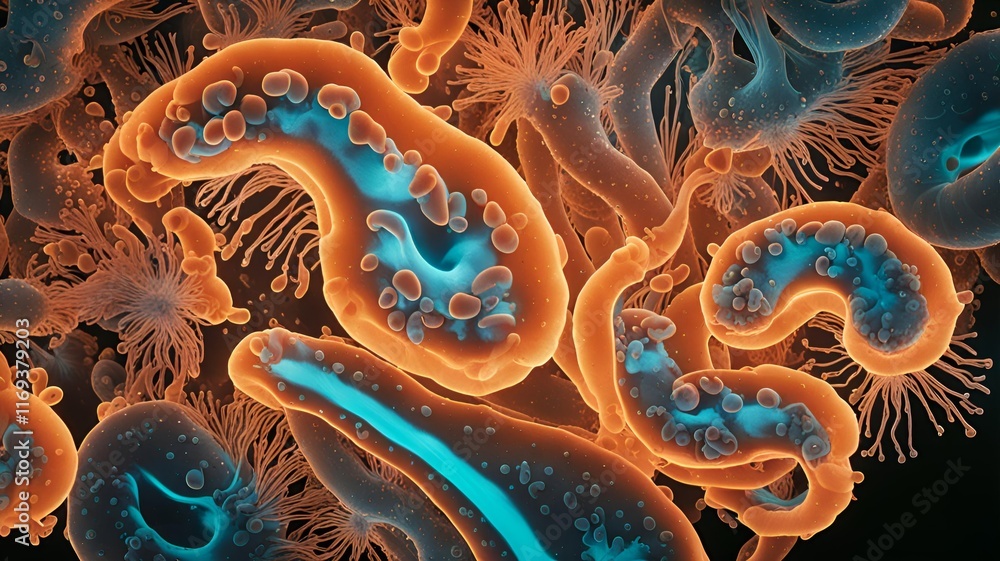 Poster abstract microscopic view of colorful bacteria and protozoa