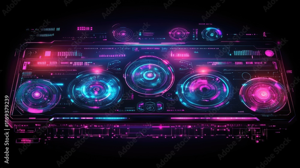 Poster futuristic hud interface with glowing neon circles and data displays. ideal for gaming, music visual