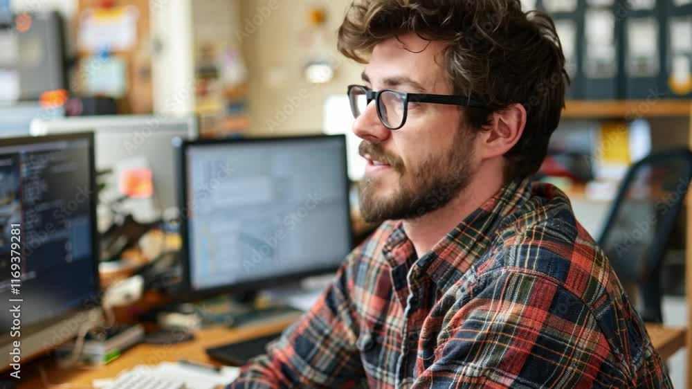Poster A focused individual sits at a desk, engaged in coding on multiple computer screens. The busy office setting features organized desks and creative decor, reflecting a tech-driven workspace.