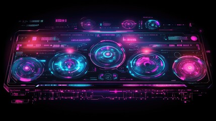 Obraz premium Futuristic HUD interface with glowing neon circles and data displays. Ideal for gaming, music visualization, or sci-fi projects.
