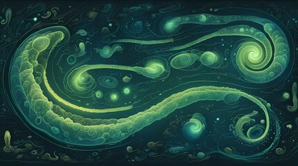 Illuminated neon swirls and spirals creating a mystical cosmic vortex with abstract patterns